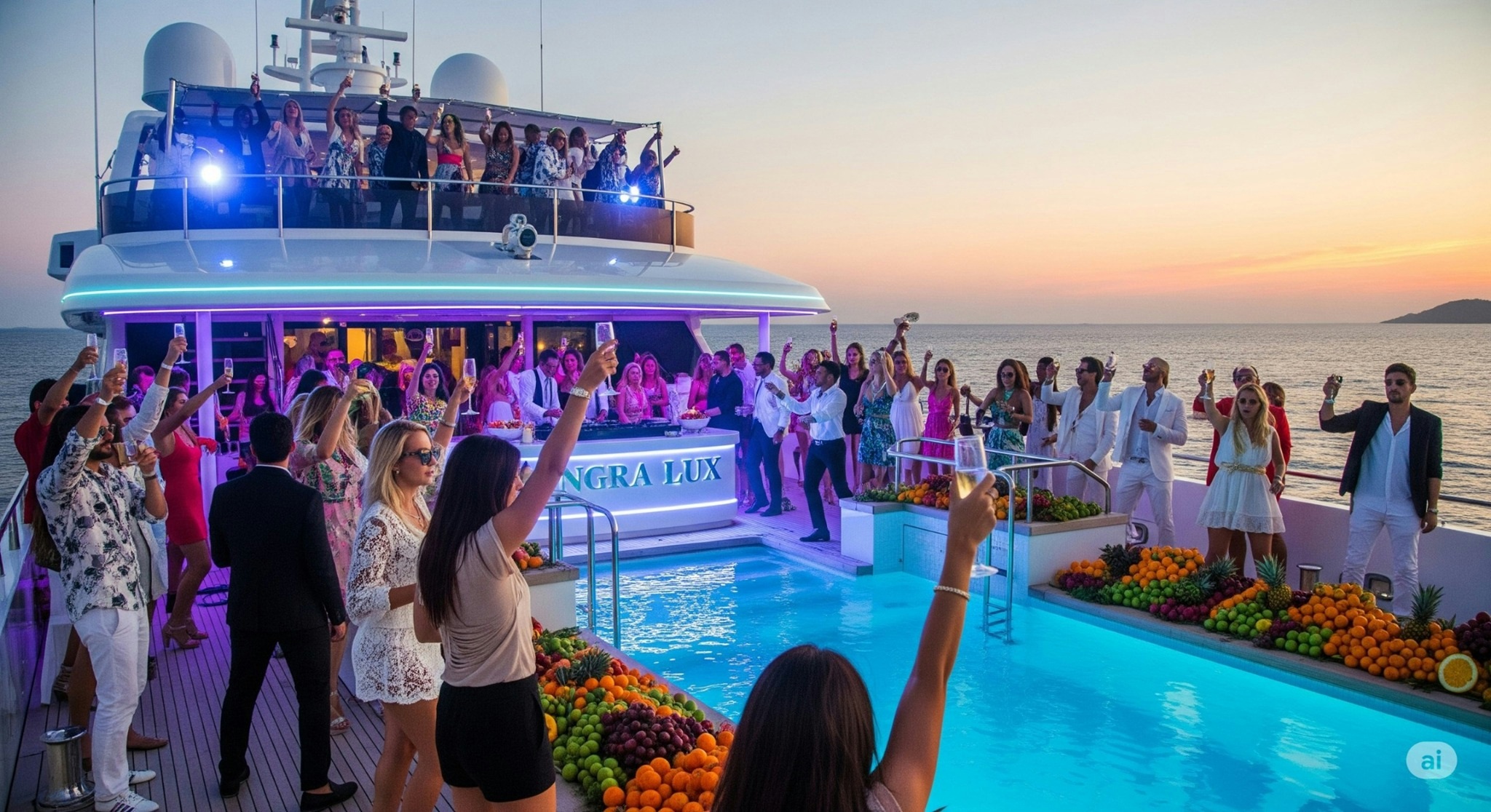 Yacht party celebration at sea, luxury private event atmosphere