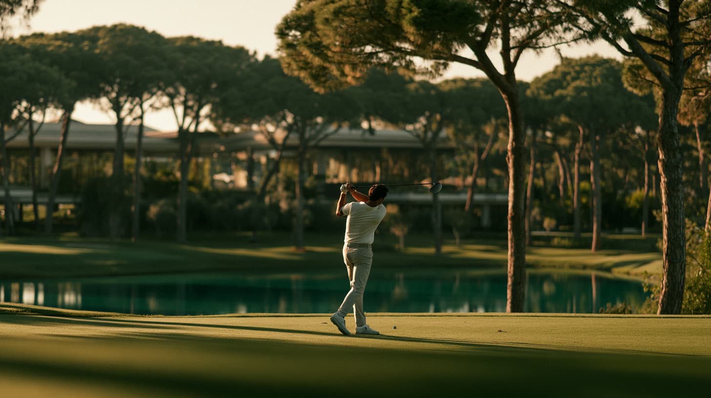 A championship golf fairway in Belek, Antalya at soft November light — autumn golf travel in one of Turkey's leading golf destinations.