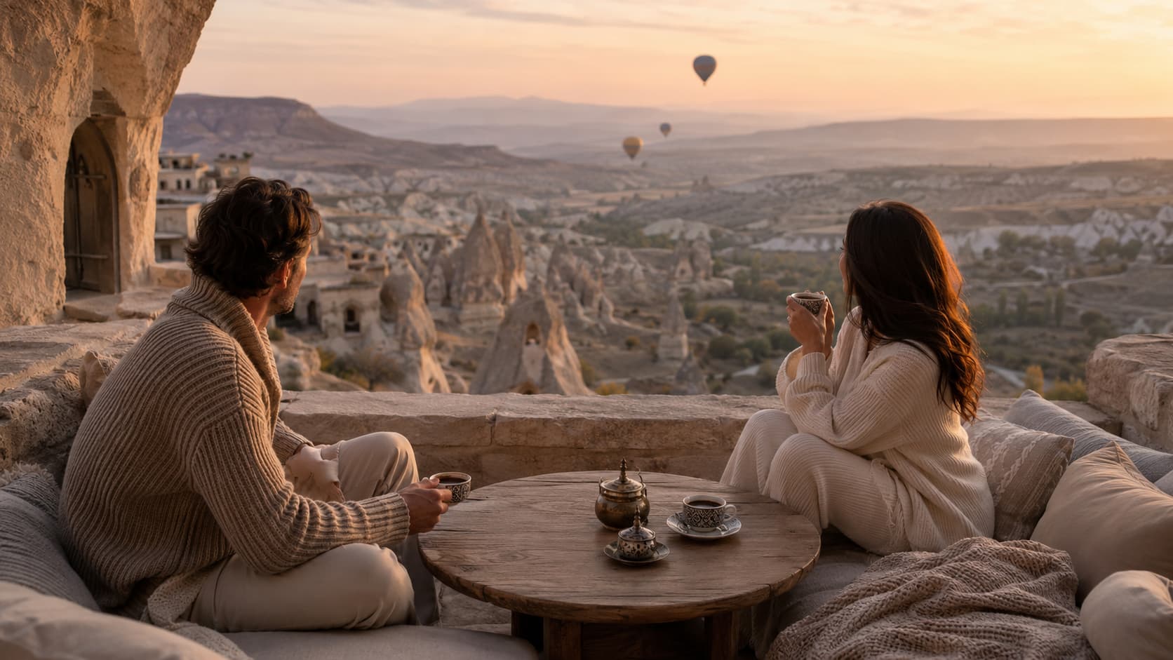 A private single-basket hot air balloon ascending over Cappadocia's fairy chimneys at dawn — Throne Voyages' sovereign celestial ritual.