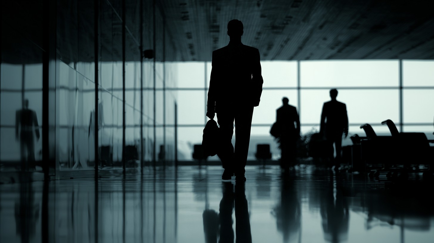 An executive silhouette moving through an airport — the calm precision behind bespoke luxury travel design