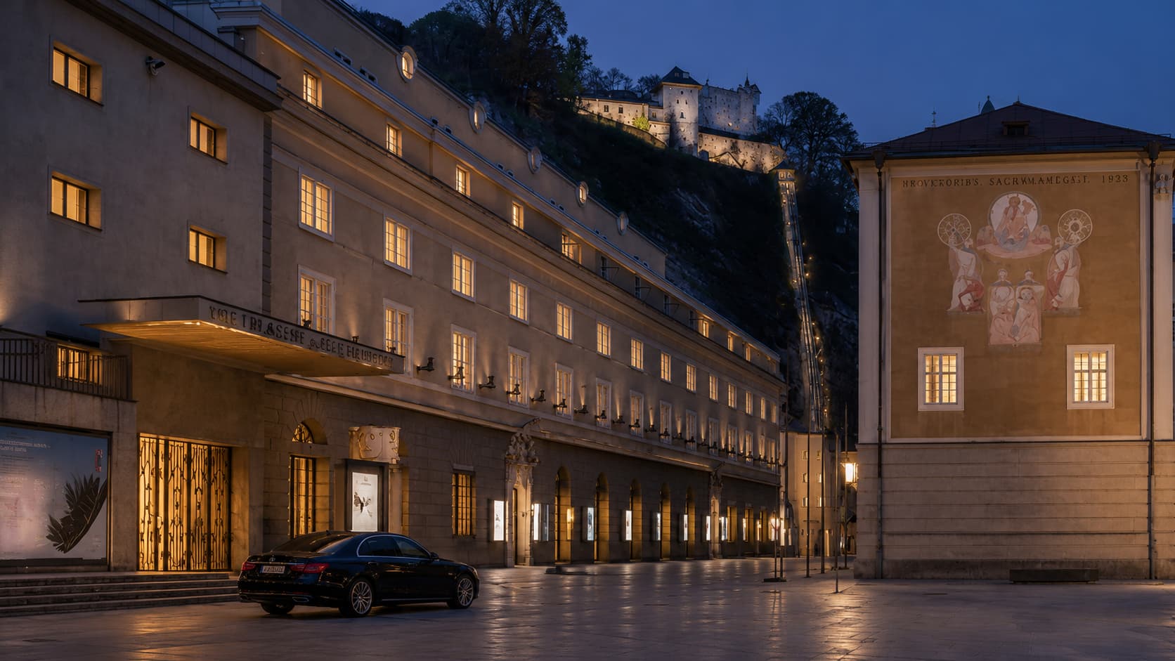 A grand illuminated stage at the Salzburg Festival — opera, culture, and luxury travel in Salzburg.